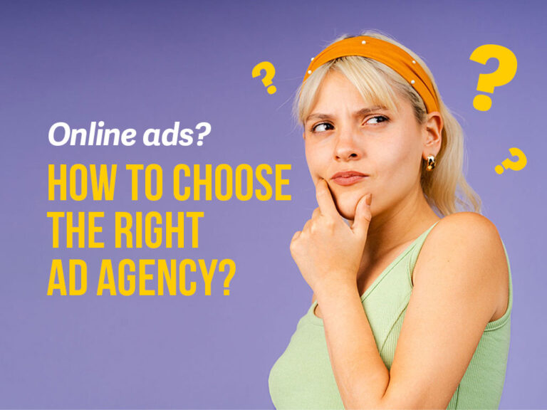 A Caucasian woman with yellow question marks around her head. To her left are the words "How to choose the right ad agency"